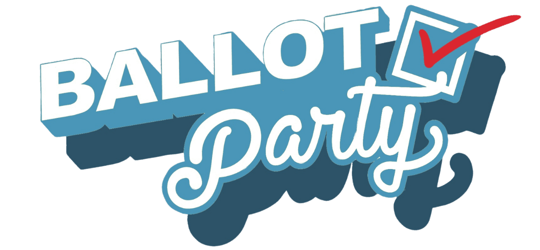 An image of the words Ballot Party in blue and white with a checked box