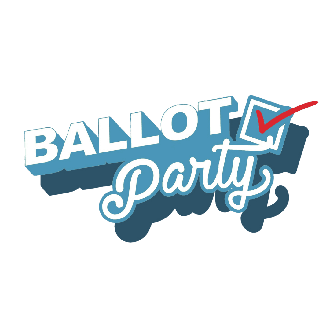 An image of the words Ballot Party in blue and white with a checked box